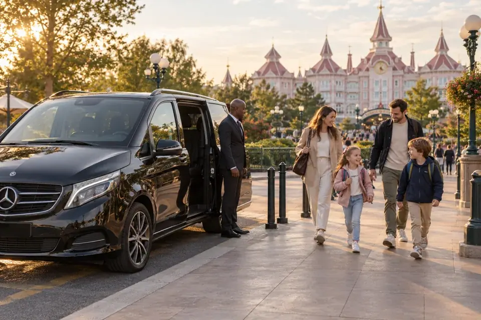 Illustration : famille et Mercedes Classe V à la dépose extérieure du resort Disneyland Paris