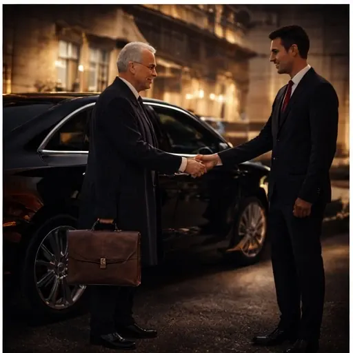 Chauffeur greeting a traveler beside a sedan